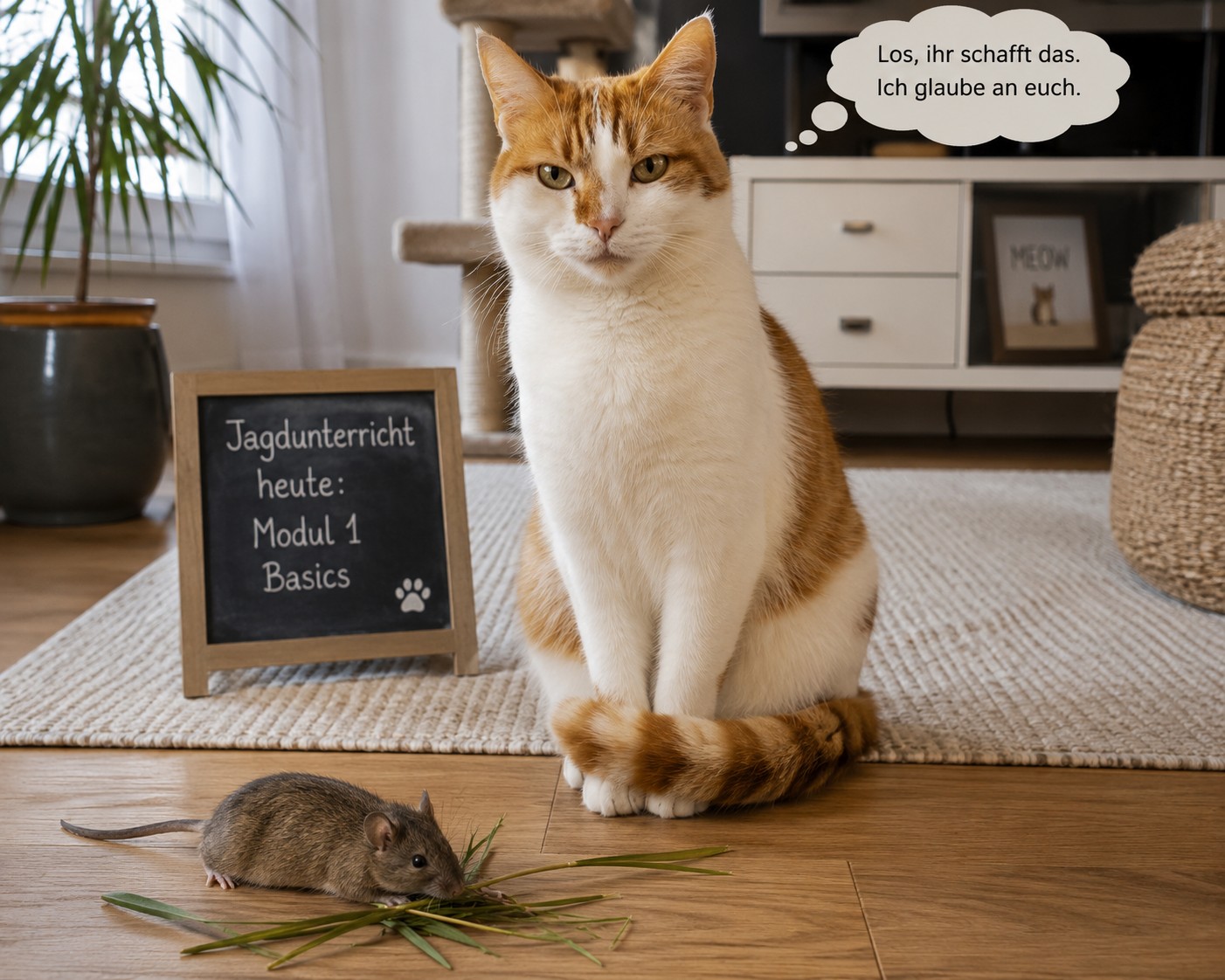 Rot-weisser Kater sitzt neben einer Maus und einer Tafel mit der Aufschrift „Jagdunterricht heute: Modul 1 Basics".