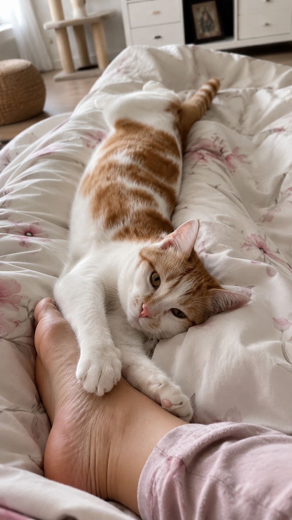 Rot-weisser Kater liegt eng angeschmiegt an einem Fuss auf dem Bett.